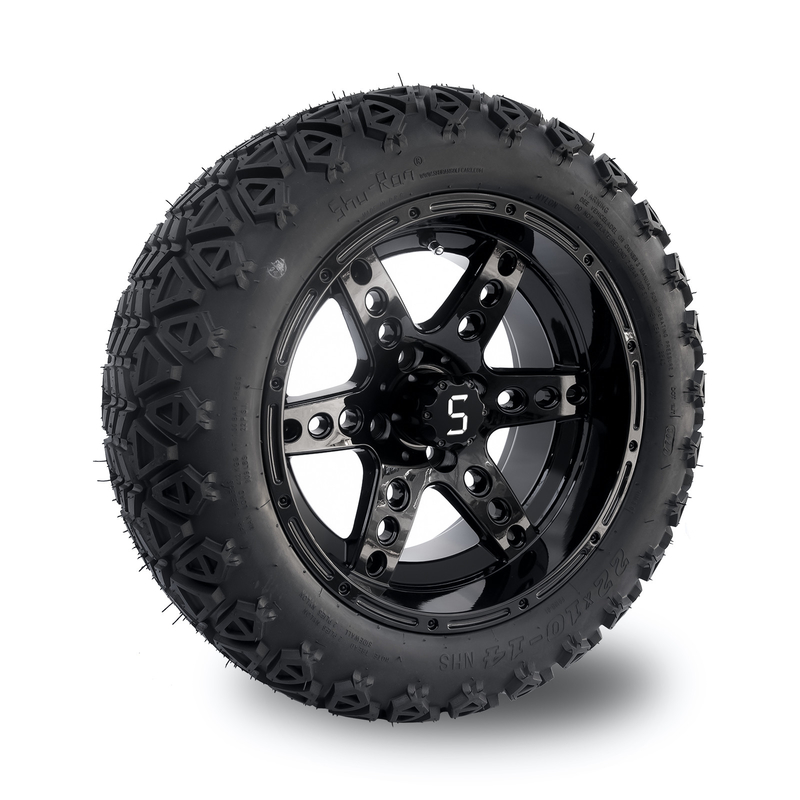 DOT 14 İnç Golf Arabası Jantları ve Lastikleri 22x10-14 Arazi Tipi Parlak Siyah 6 Kollu