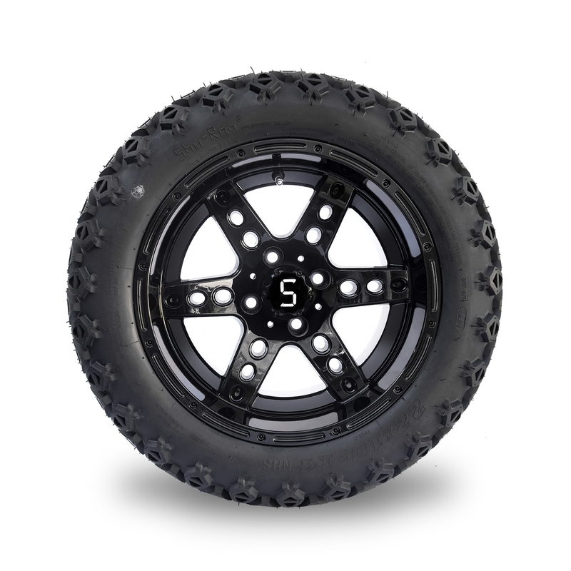 DOT 14 İnç Golf Arabası Jantları ve Lastikleri 22x10-14 Arazi Tipi Parlak Siyah 6 Kollu