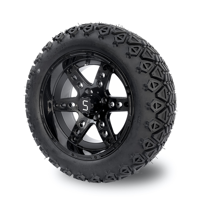 DOT 14 İnç Golf Arabası Jantları ve Lastikleri 22x10-14 Arazi Tipi Parlak Siyah 6 Kollu