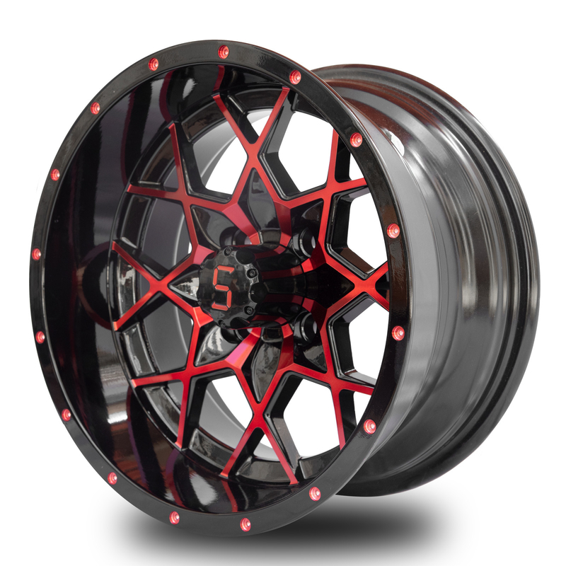 Alüminyum Alaşım Golf Araba Tekerlekleri Kırmızı Parlak Siyah 101.6 PCD 4x4 Bolt Deseni