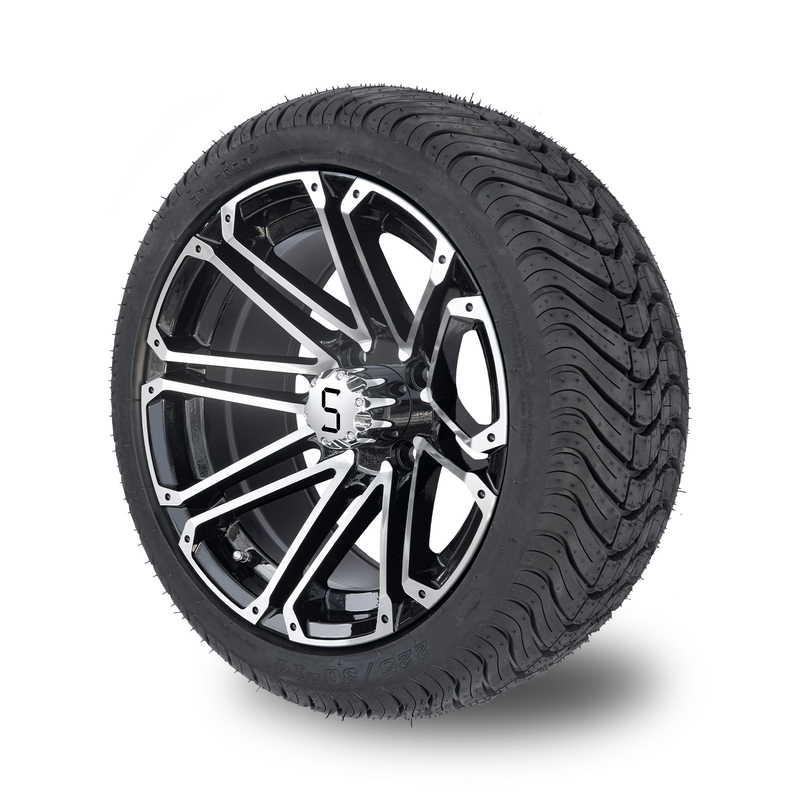 14x7 Golf Arabası Jantları ve Lastik Kombinasyonu 225/30-14 Sokak Lastiği İşlenmiş Parlak Siyah
