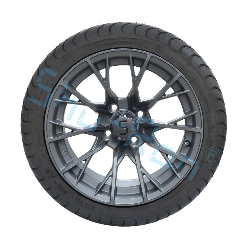 Toptan satış 14' 'Gunmetal Finished Alloy Golf Araba Tekerlekleri, ATV UTV 225/30-14 Sokak Fırçalı Tüpsüz Lastikler