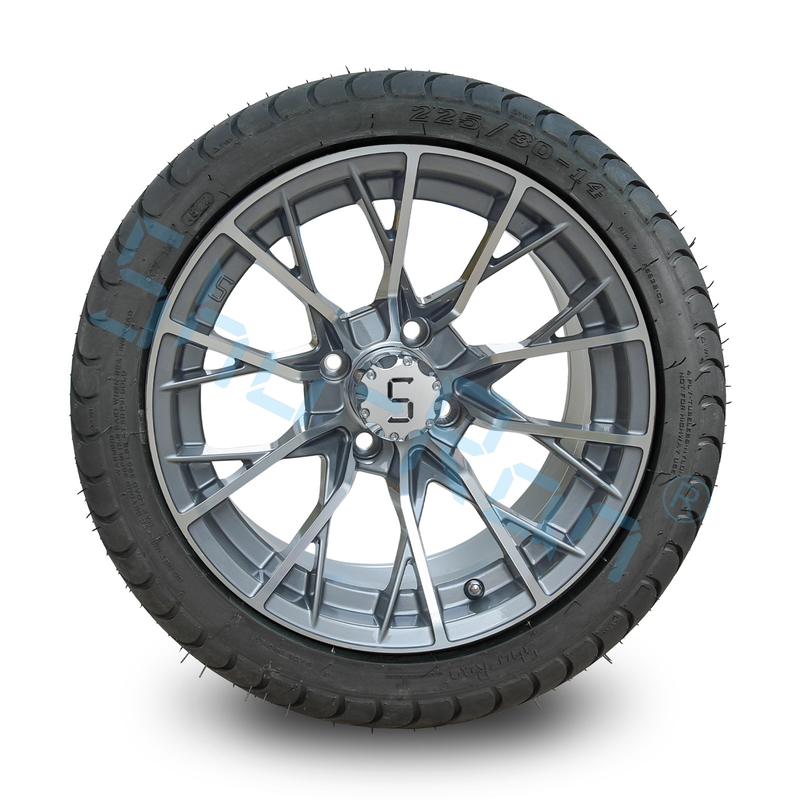 Golf Arabası İşlenmiş Gunmetal 14 inç Jantlar ve Sokak Lastiği, Golf Arabası için Alaşım Jant ve Lastik Kombinasyonu