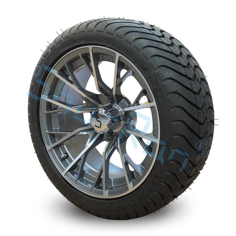 Golf Arabası İşlenmiş Gunmetal 14 inç Jantlar ve Sokak Lastiği, Golf Arabası için Alaşım Jant ve Lastik Kombinasyonu