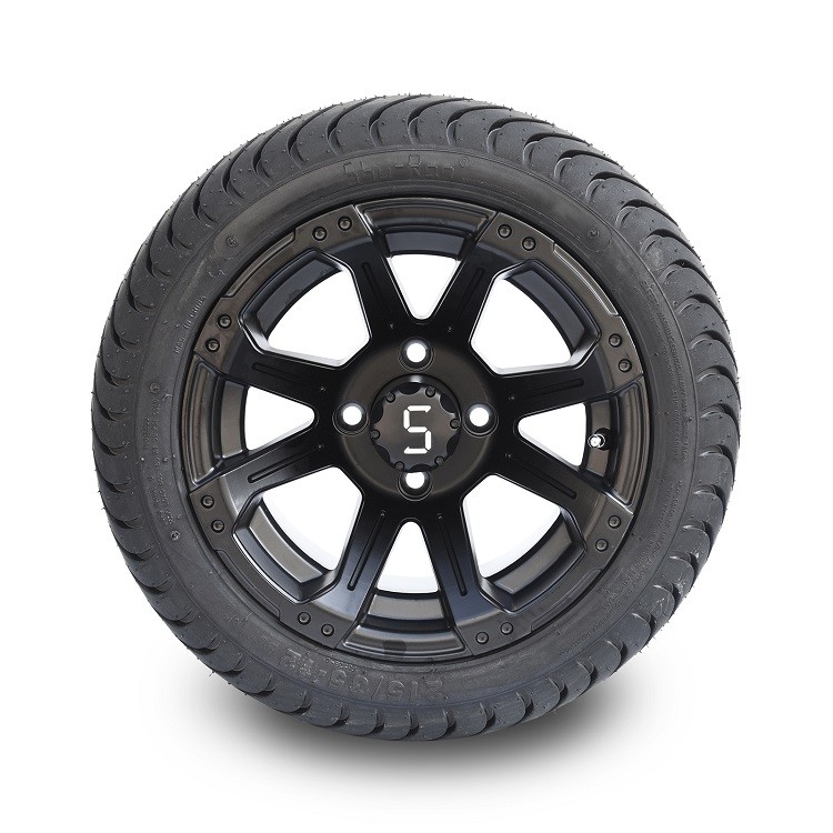 Golf arabası 12 inç mat siyah tekerlekler ve 215/35-12 sokak lastikleri 4x4 Bolt Pattern DOT Rated