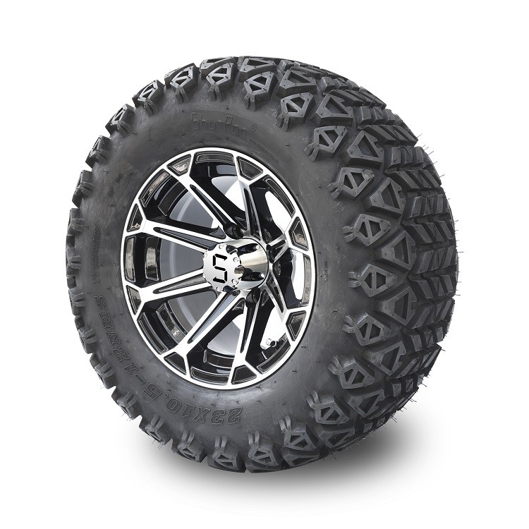 12'' Golf Arabası Alüminyum Jantlar ve 23x10.5-12 Her Arazi Lastiği Kombinasyonu - İşlenmiş/Parlak Siyah