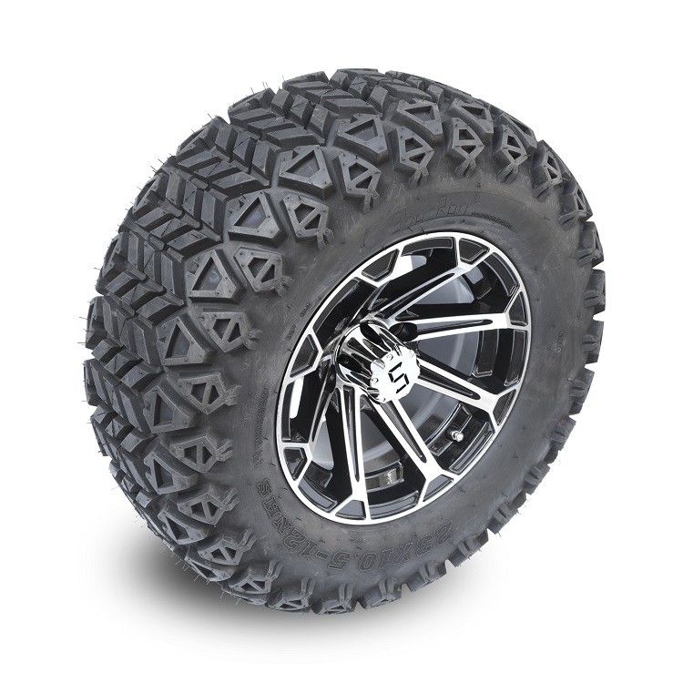 12'' Golf Arabası Alüminyum Jantlar ve 23x10.5-12 Her Arazi Lastiği Kombinasyonu - İşlenmiş/Parlak Siyah