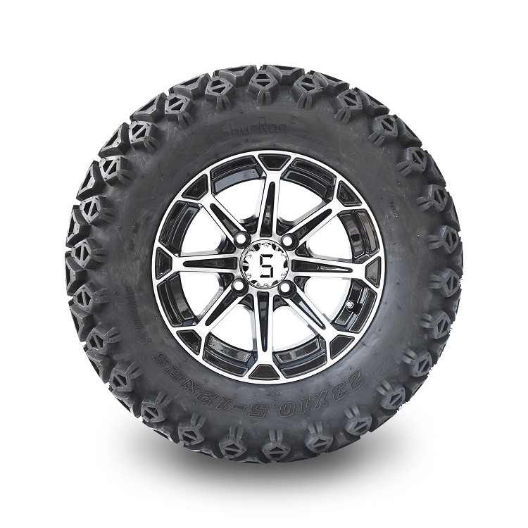 12'' Golf Arabası Alüminyum Jantlar ve 23x10.5-12 Her Arazi Lastiği Kombinasyonu - İşlenmiş/Parlak Siyah