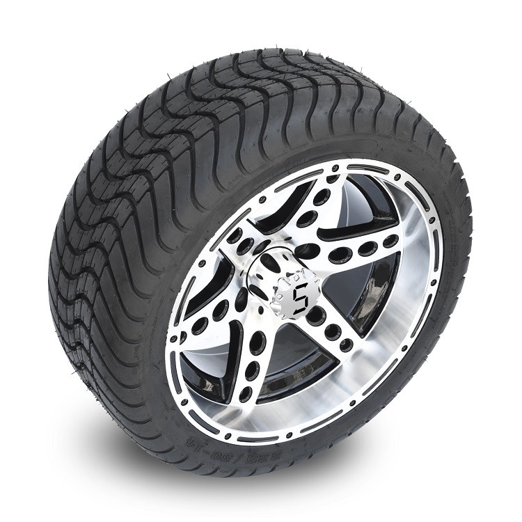 Golf Arabası 14'' İşlenmiş/Siyah Alüminyum 6 Kollu Jantlar ve 225/30-14 Sokak Lastikleri Kombinasyonu