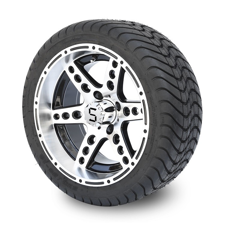 Golf Arabası 14'' İşlenmiş/Siyah Alüminyum 6 Kollu Jantlar ve 225/30-14 Sokak Lastikleri Kombinasyonu