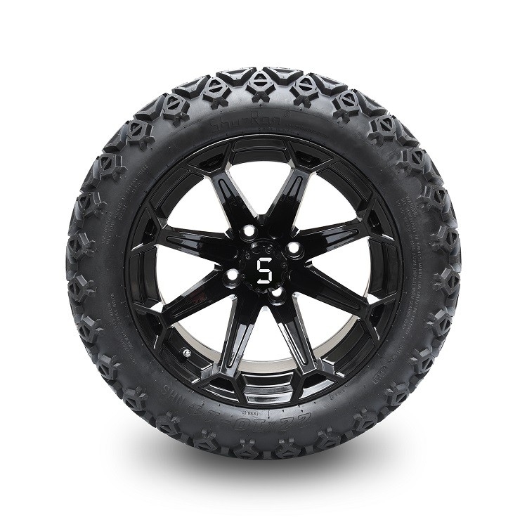 Golf arabası 14 inç parlak siyah tekerlekler ve 22x10-14 DOT lastikler