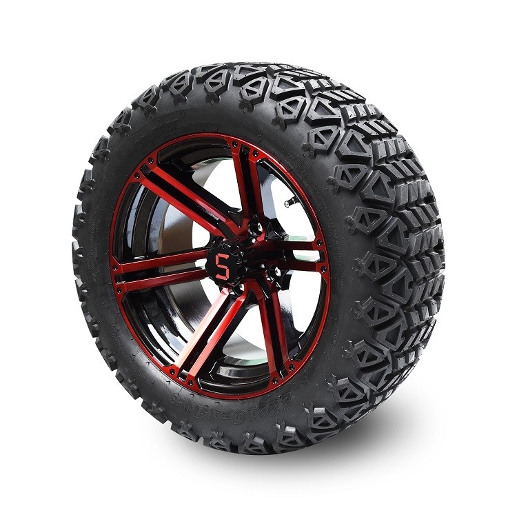 14 inç golf arabası kırmızı/parlak siyah tekerlekler ve 22x10-14' DOT tüm arazi lastikleri montajı