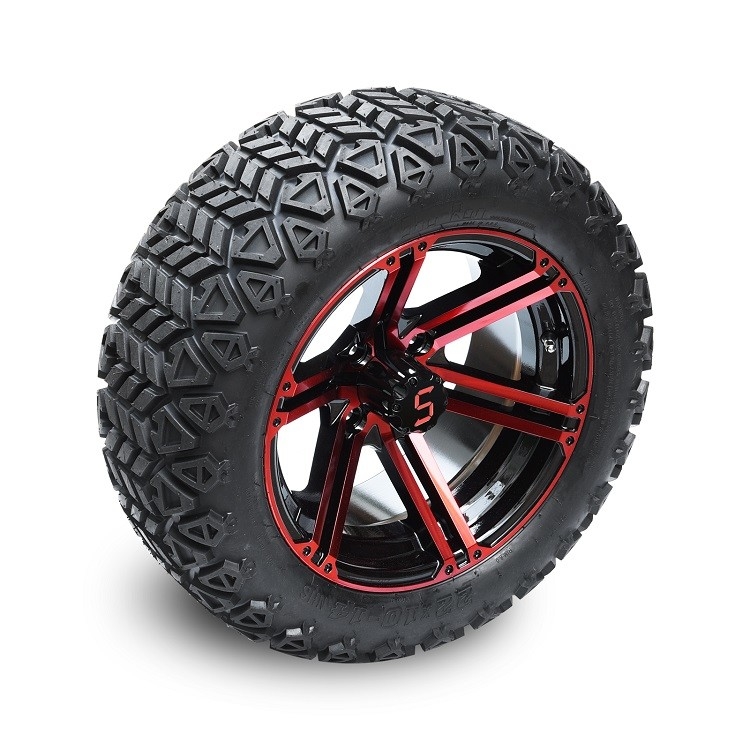 14 inç golf arabası kırmızı/parlak siyah tekerlekler ve 22x10-14' DOT tüm arazi lastikleri montajı