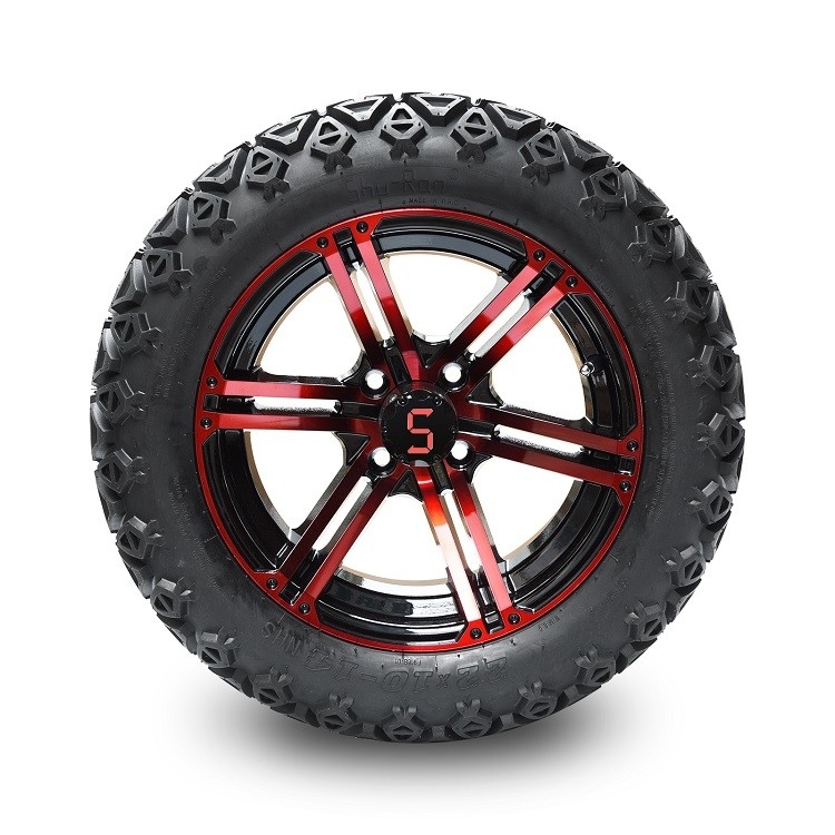 14 inç golf arabası kırmızı/parlak siyah tekerlekler ve 22x10-14' DOT tüm arazi lastikleri montajı