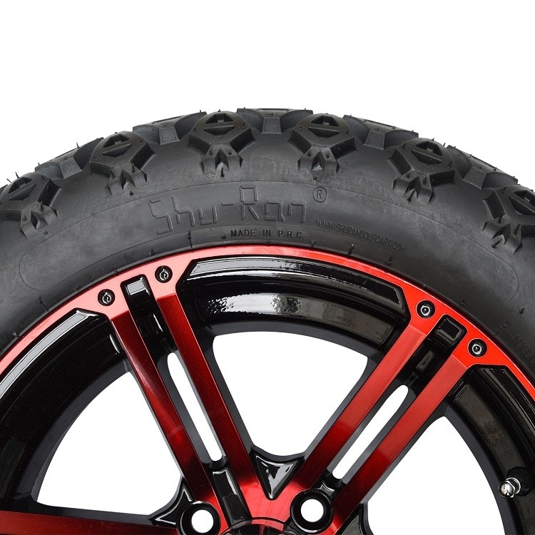 14 inç golf arabası kırmızı/parlak siyah tekerlekler ve 22x10-14' DOT tüm arazi lastikleri montajı