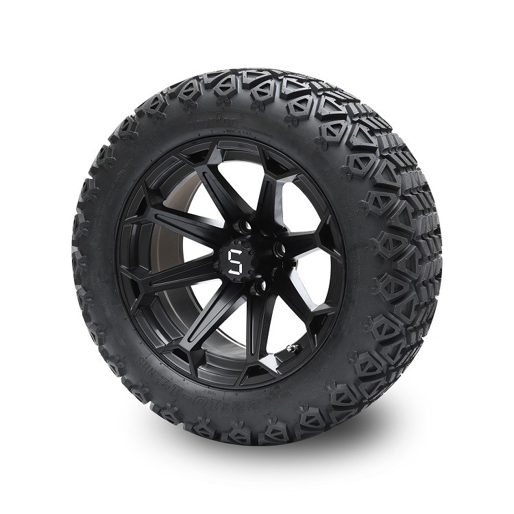 Golf Arabası 14'' Mat Siyah Jantlar ve 22x10-14 DOT Yüksek Profilli Lastikler, Jant Somunları ve Göbek Kapakları Dahil