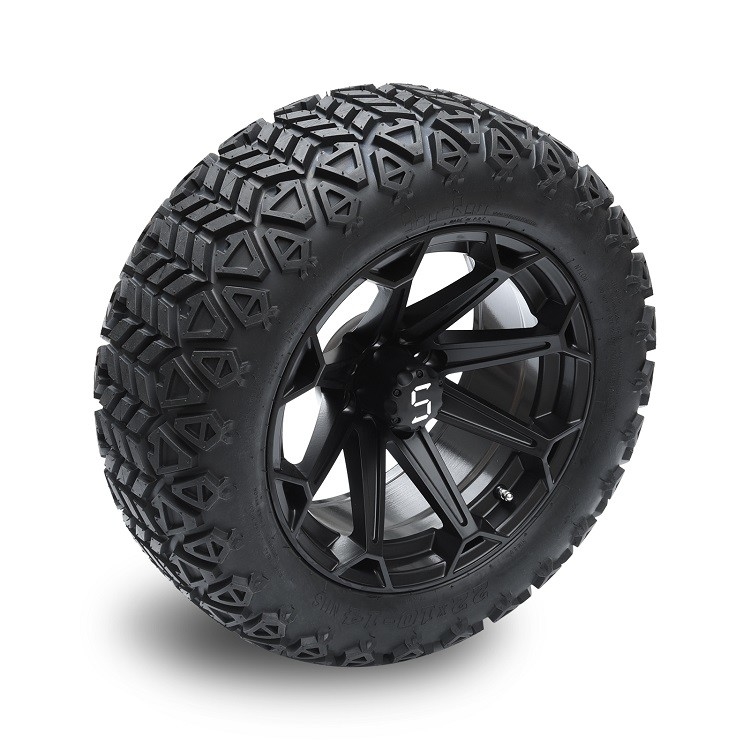 Golf Arabası 14'' Mat Siyah Jantlar ve 22x10-14 DOT Yüksek Profilli Lastikler, Jant Somunları ve Göbek Kapakları Dahil