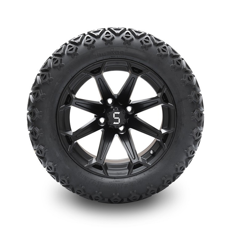Golf Arabası 14'' Mat Siyah Jantlar ve 22x10-14 DOT Yüksek Profilli Lastikler, Jant Somunları ve Göbek Kapakları Dahil