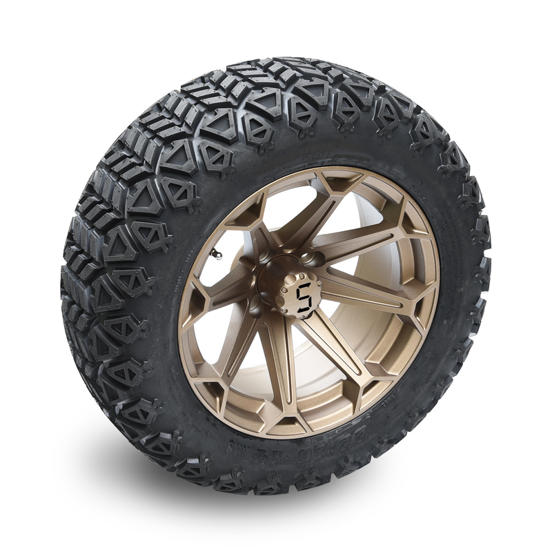 14 İnç Golf Arabası Bronz Jant ve 22x10-14 Arazi Lastiği, Bijon Somunları ve Göbek Kapakları ile