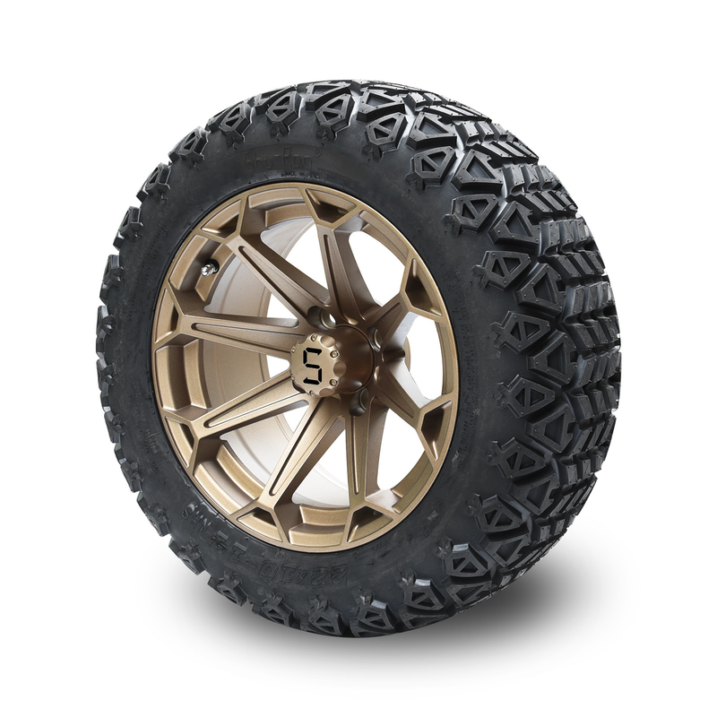 14 İnç Golf Arabası Bronz Jant ve 22x10-14 Arazi Lastiği, Bijon Somunları ve Göbek Kapakları ile