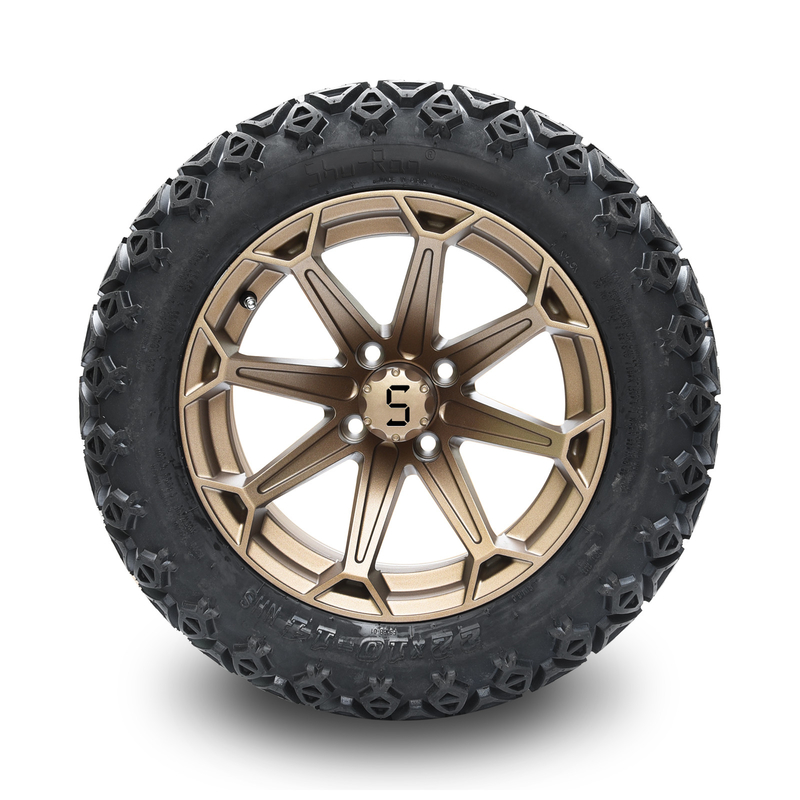 14 İnç Golf Arabası Bronz Jant ve 22x10-14 Arazi Lastiği, Bijon Somunları ve Göbek Kapakları ile