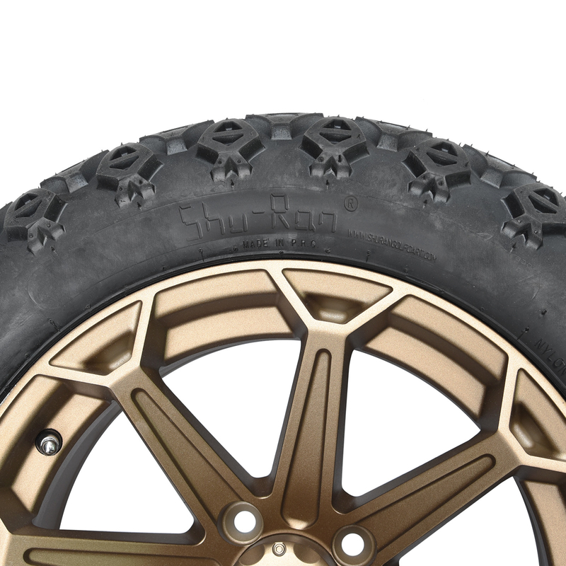 14 İnç Golf Arabası Bronz Jant ve 22x10-14 Arazi Lastiği, Bijon Somunları ve Göbek Kapakları ile