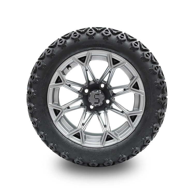 14 İnç Golf Arabası Gunmetal Jantlar ve 22*10-14 Yüksek Profilli Lastik Kombinasyonu 4 Katlı Kaldırma Gerekli