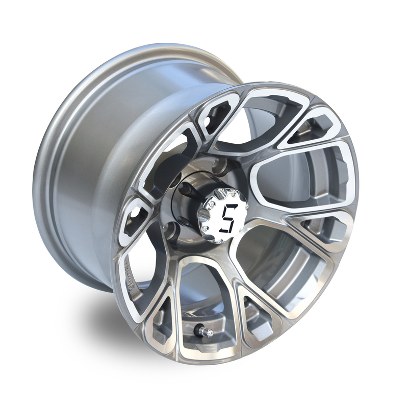 Golf Arabası 12 İnç İşlenmiş/Metalik Gri Alüminyum Jantlar, Merkez Kapakları Dahil 4x4(101.6mm) Cıvata Deseni