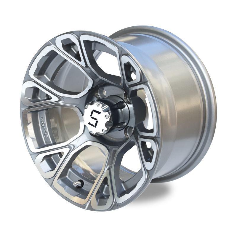 Golf Arabası 12 İnç İşlenmiş/Metalik Gri Alüminyum Jantlar, Merkez Kapakları Dahil 4x4(101.6mm) Cıvata Deseni